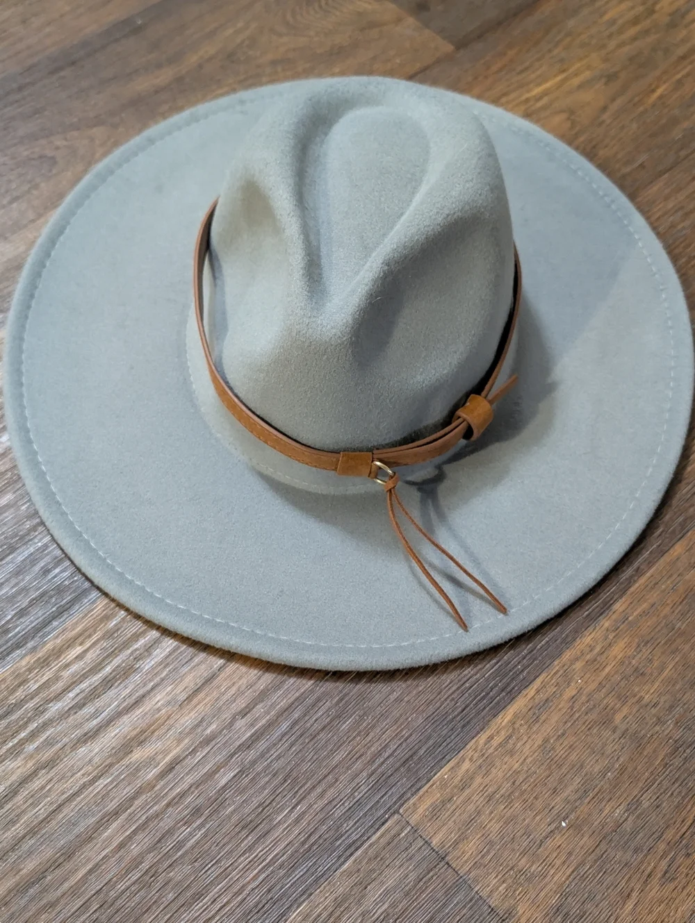 Boho Wide Brim Fedora Hat in Light Gray with Tan Faux Leather Band Cotton